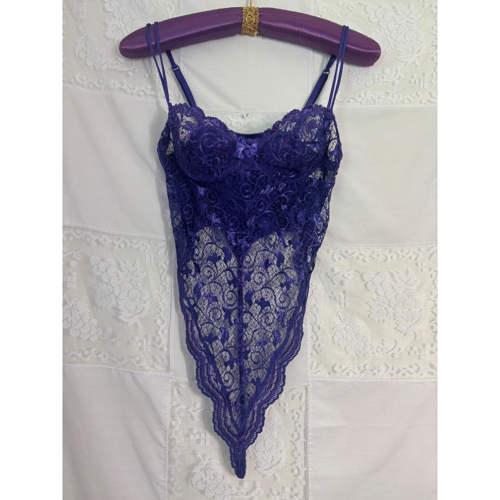 VTG Victoria's Secret Gold Label Purple Lace Teddy Bodysuit Size 36B - Picture 1 of 13
